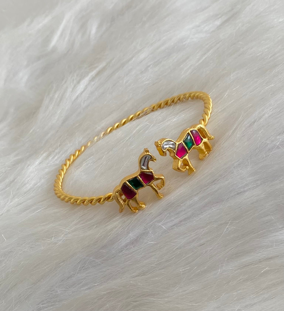 Gold tone pink-green-white Kundan jadau horse openable kada/bangle dj-54860