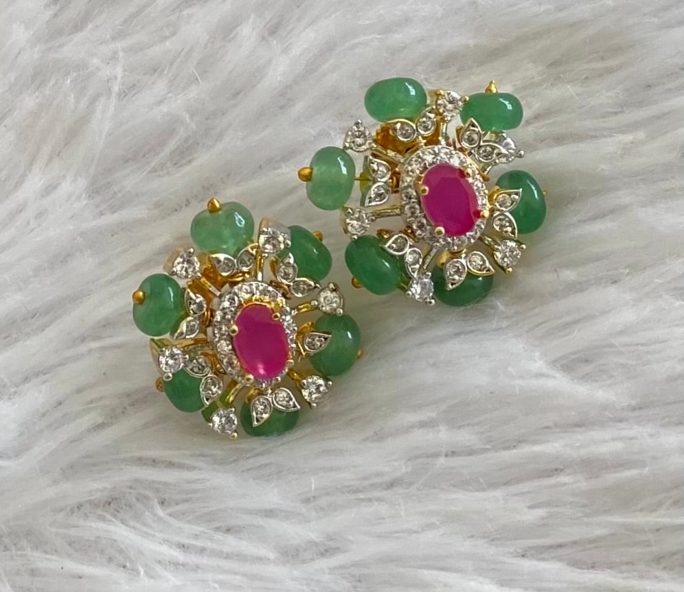 Two tone cz ruby stone green beaded stud/earrings dj-53561