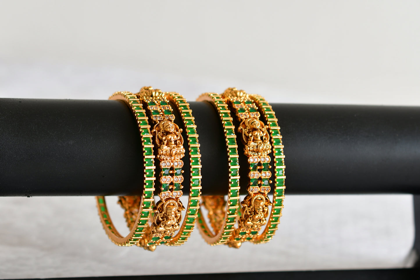 Antique gold tone cz white-green set of 6 lakshmi bangles(2.8) dj-51961