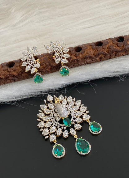 Two tone cz white green peacock pendant set dj-54659