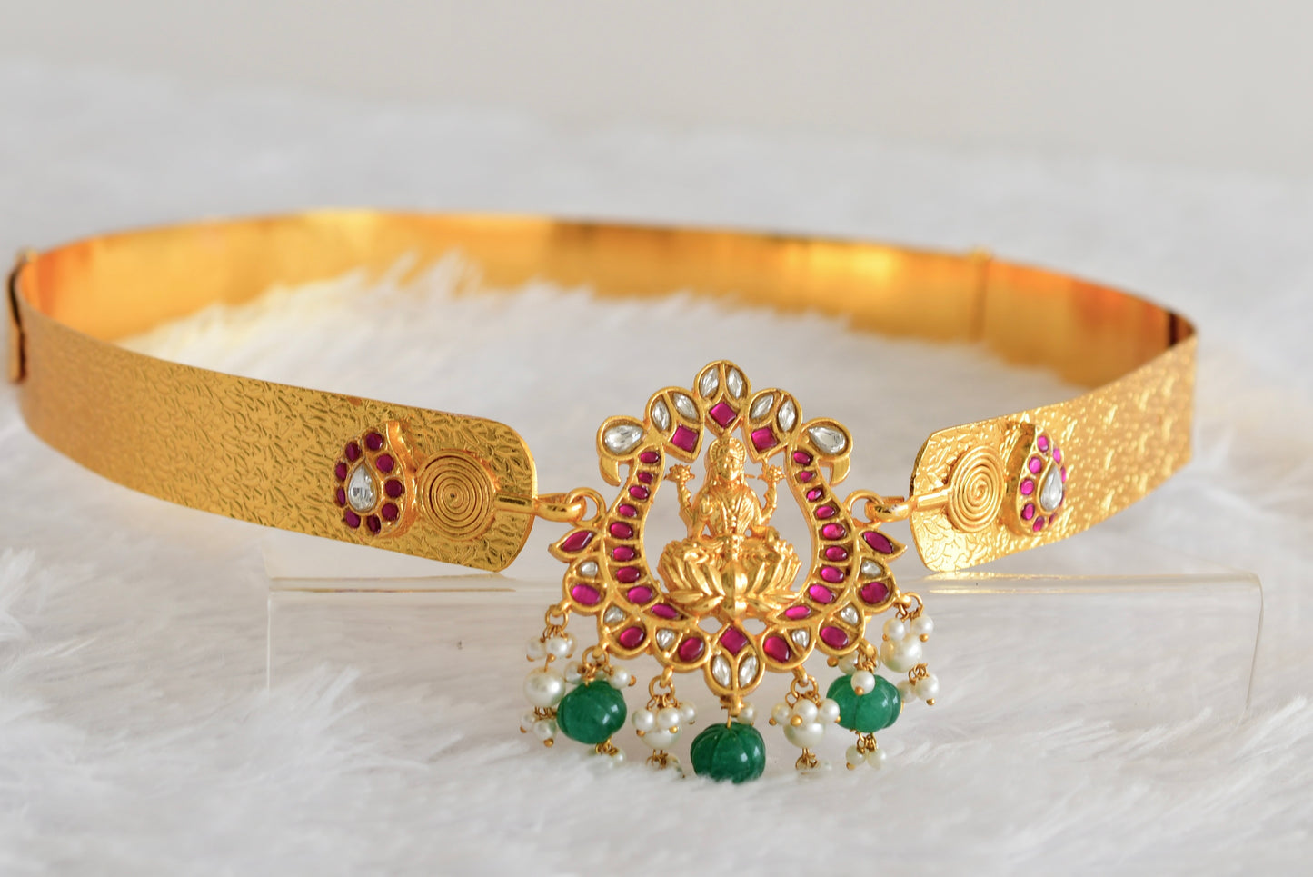Gold tone pink-green-white kundan jadau Lakshmi mango waist band dj-52175