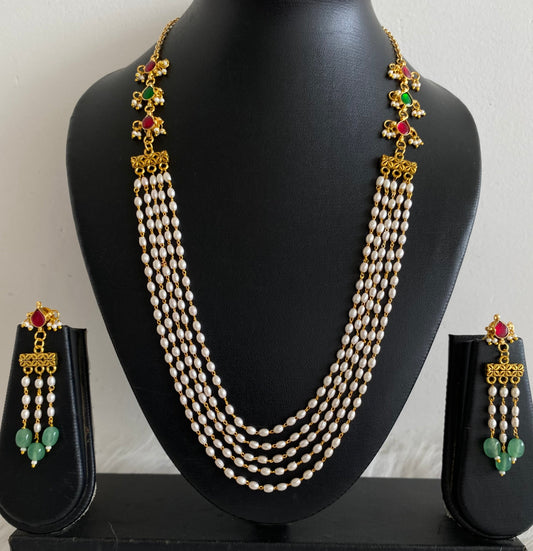 Gold tone kemp-green pearl multi layer necklace set dj-54174