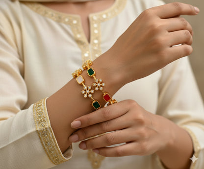 Gold tone cz Navarathna flower bangles(2.6) dj-33219