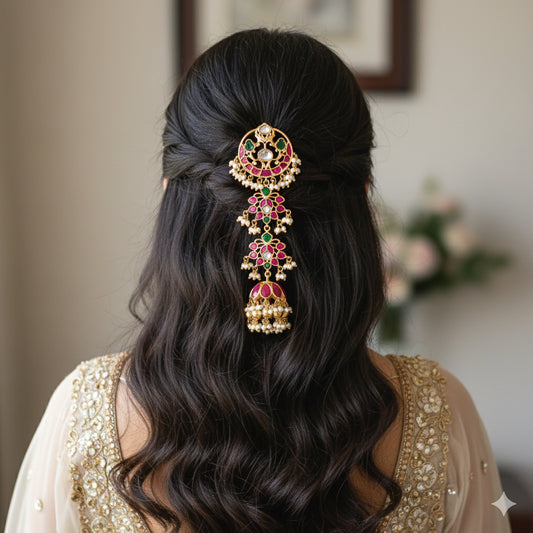 Gold tone pink-green kundan jadau floral hair jewel dj-52377