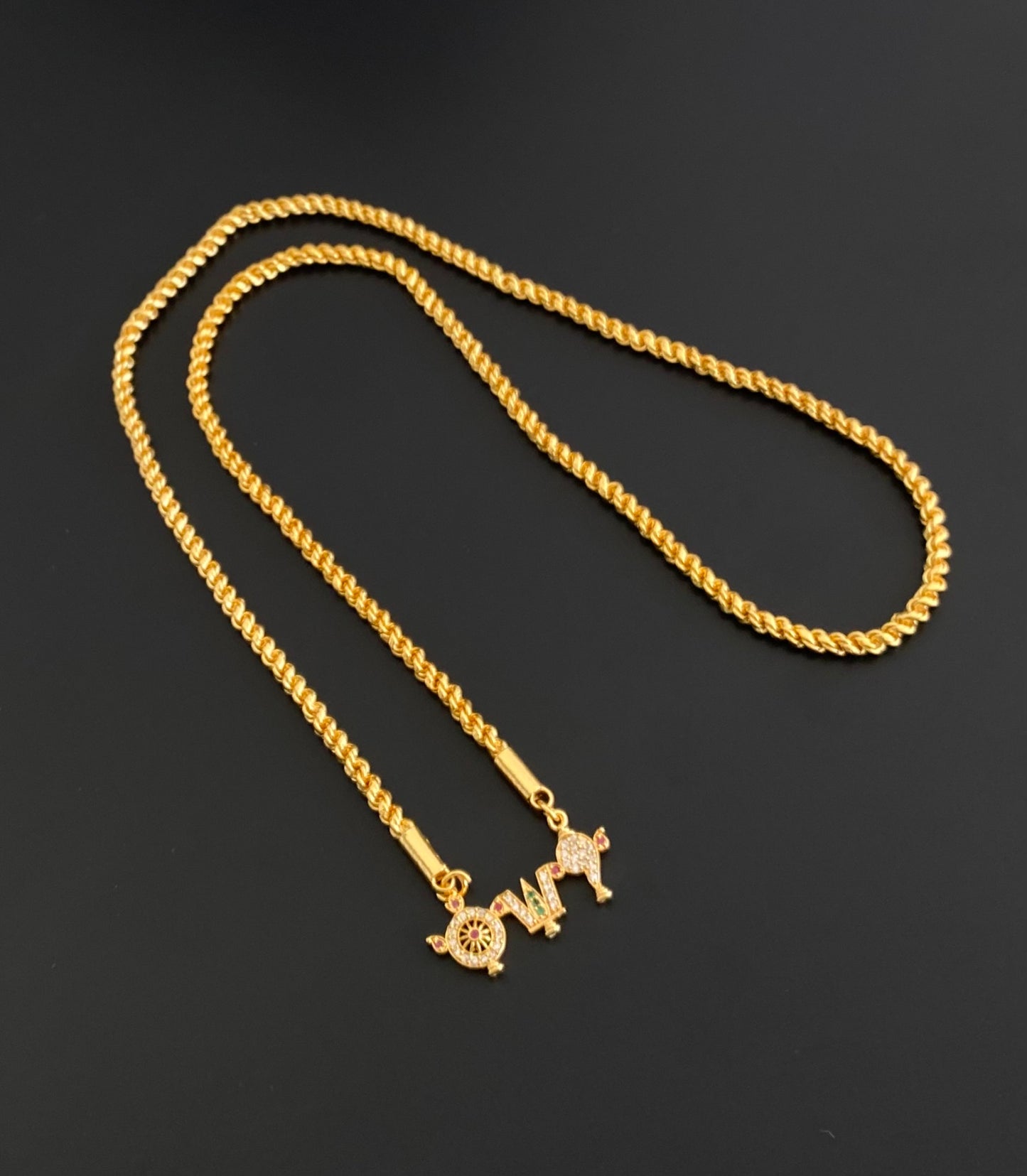 Gold tone 24 inches chain with cz ruby-green shanku-nama-chakra pendant dj-53706