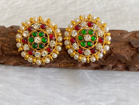 Gold tone kemp-green white pearl round  stud/earrings dj-52973