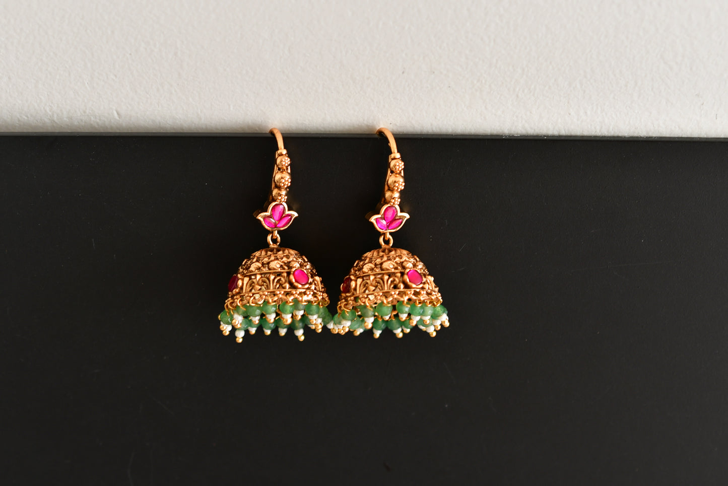Antique gold tone pink-green beaded hook jhumkka dj-51052