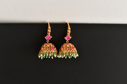 Antique gold tone pink-green beaded hook jhumkka dj-51052