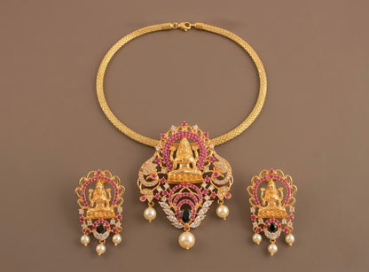 Gold tone Cz Ruby-black Lakshmi Necklace Set -dj11120