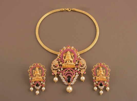 Gold tone Cz Ruby-black Lakshmi Necklace Set -dj11120