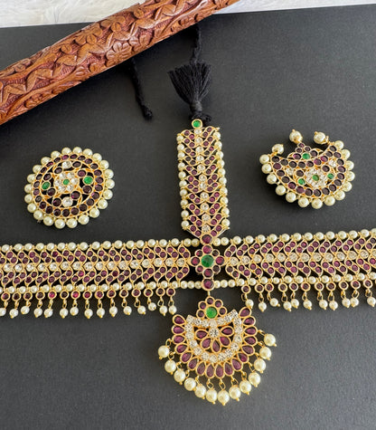 Gold tone precious kemp-green-white pearl maang tikka sun moon dj-50872