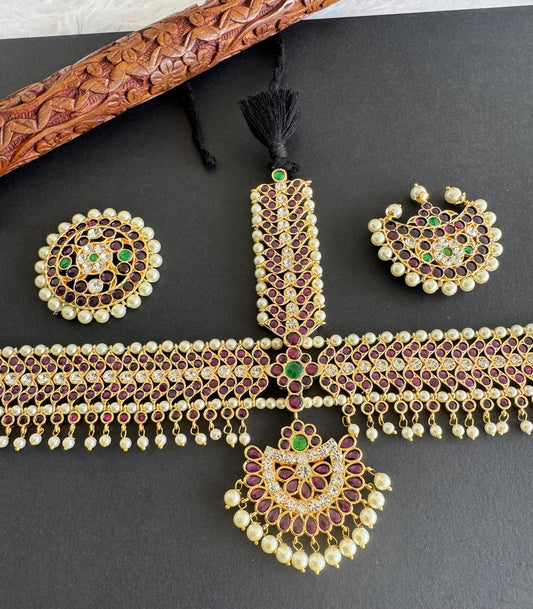 Gold tone precious kemp-green-white pearl maang tikka sun moon dj-50872