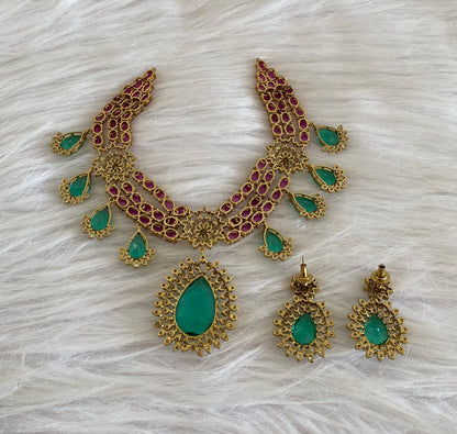 Antique gold tone kemp-white stone big peacock green stone necklace set dj-54813