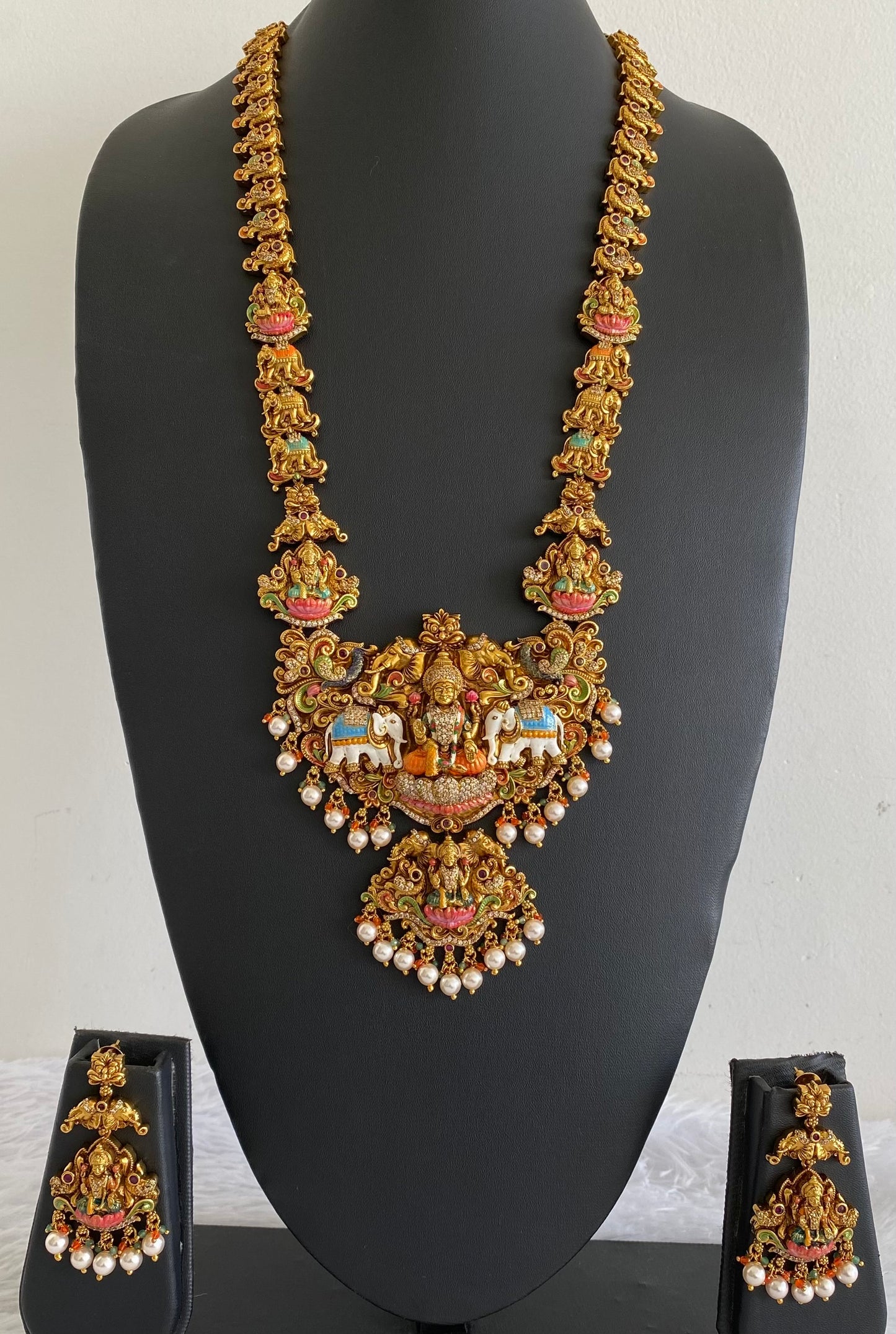 Matte finish pearl meenakari gaja lakshmi haar set dj-54095