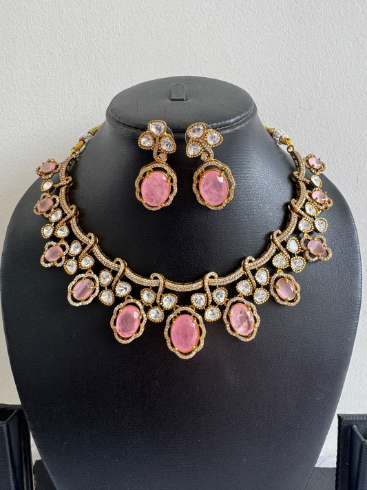 Antique gold tone cz baby pink moissanite necklace set dj-51070