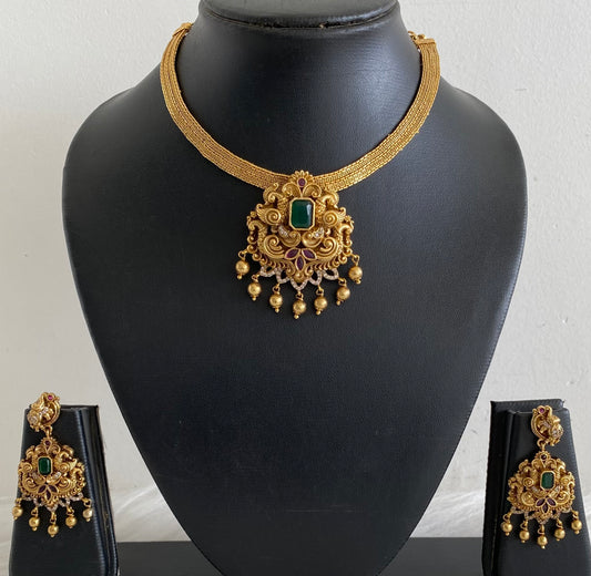 Antique gold tone kemp-green-white peacock necklace set dj-54375