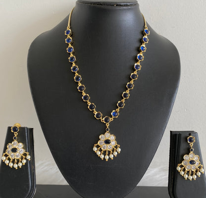 Gold tone blue-white stone pearl necklace set dj-54236
