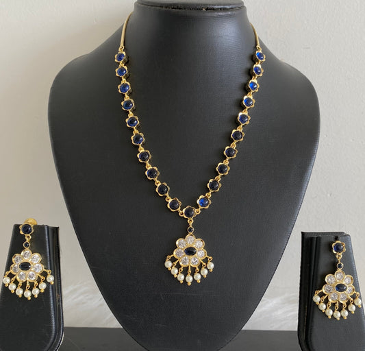 Gold tone blue-white stone pearl necklace set dj-54236