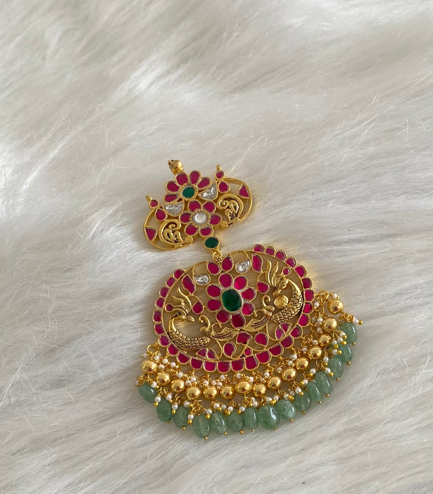 Gold tone pink-green-white kundan jadau peacock green bead pendant dj-50680