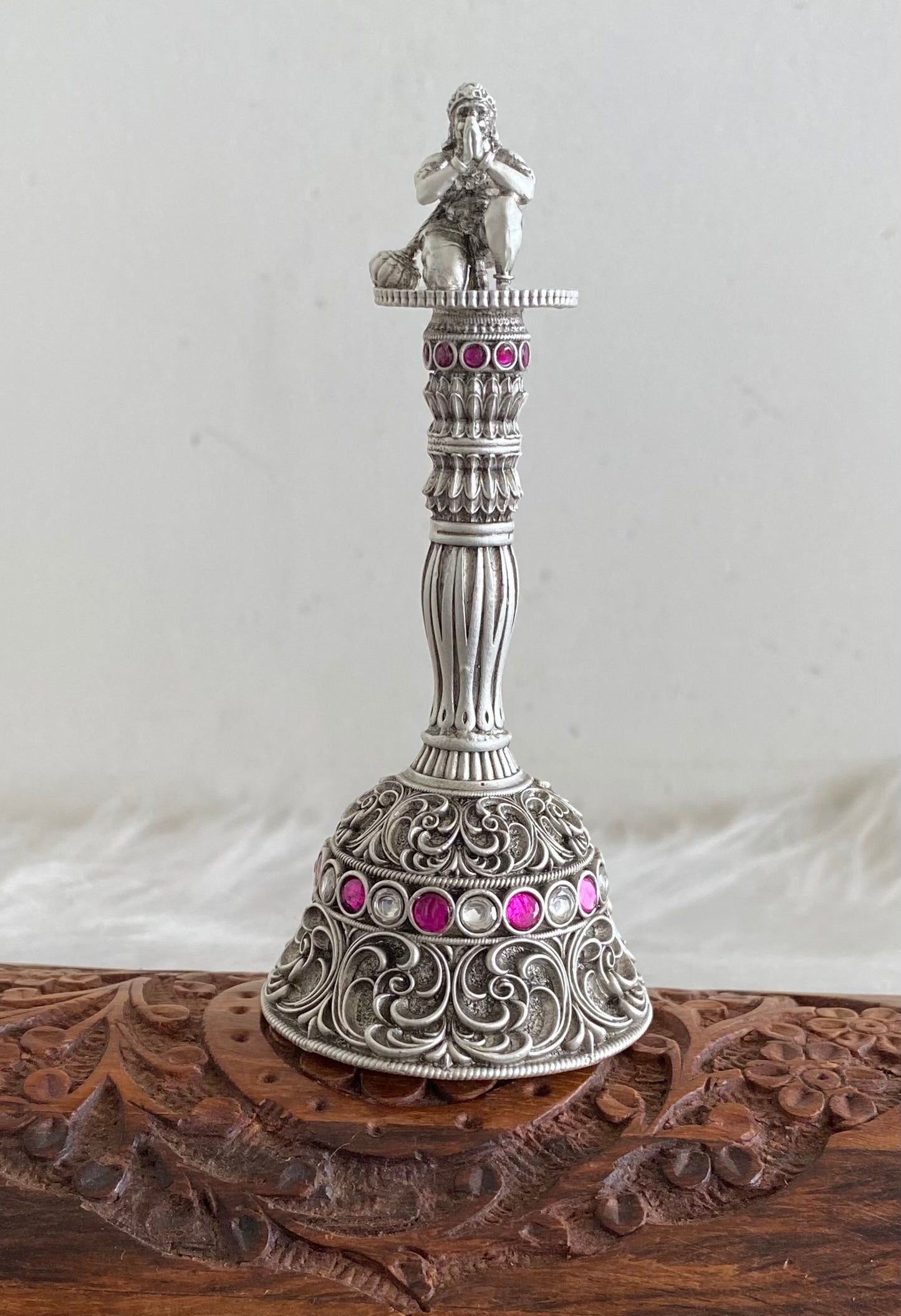 Silver tone pink-white stone hanuman bell dj-54232