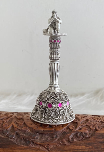 Silver tone pink-white stone hanuman bell dj-54232