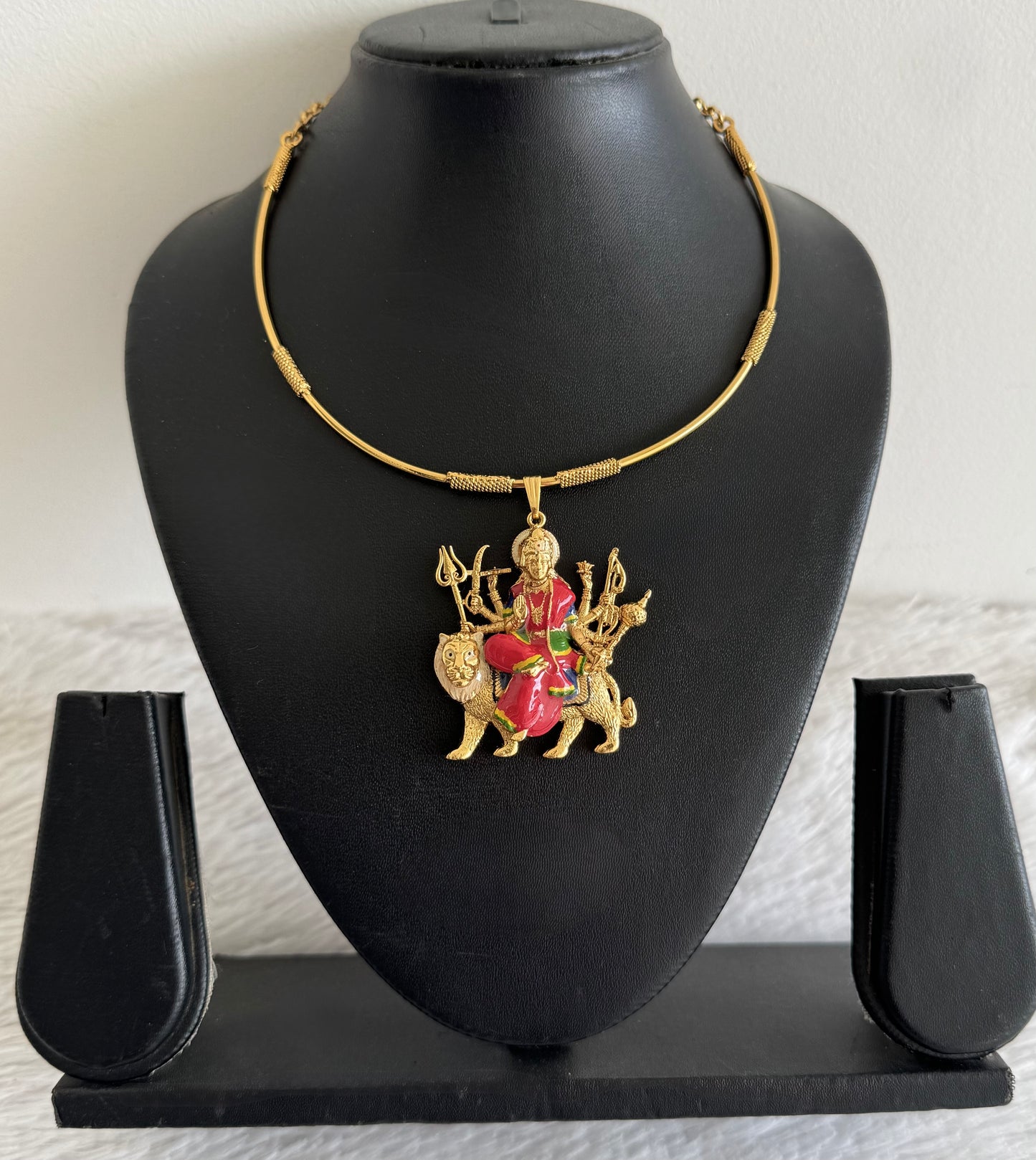 Matte finish Red meenakari Ma Durga pendant hasli necklace dj-52074