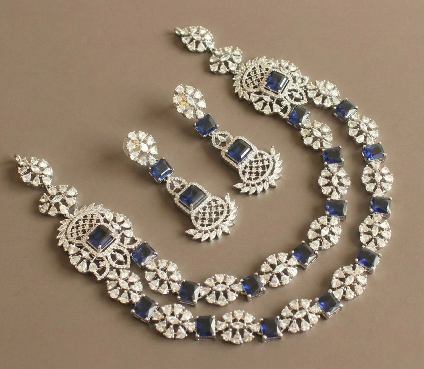 Silver tone cz royal blue double layer necklace set DJ28902