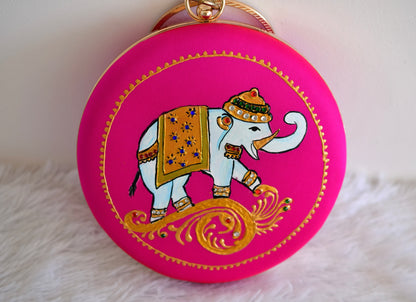 Tanjore painted pink silk clutch dj-52651