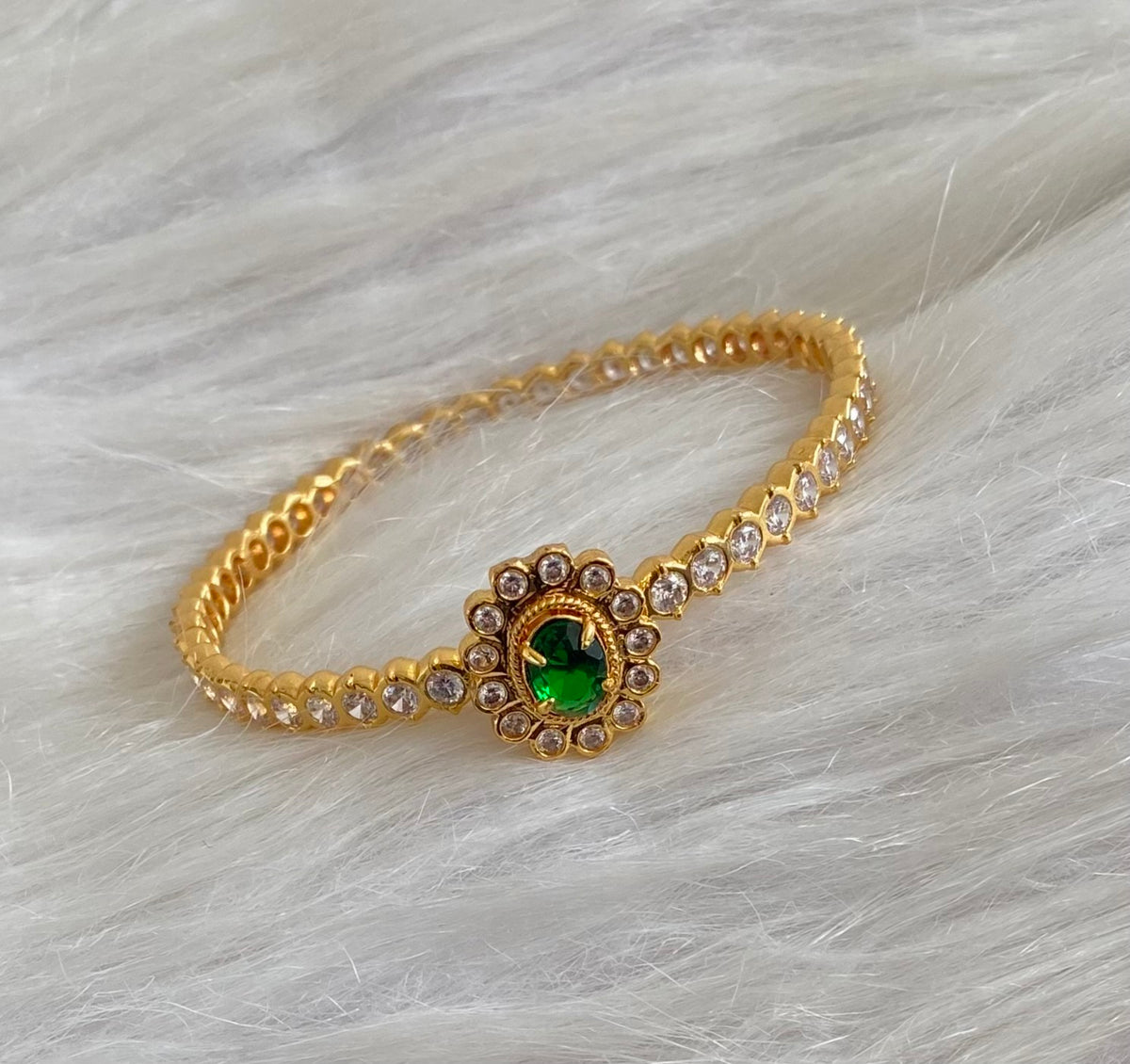 Gold tone AD white green stone diamond look alike bangle/kada(2.10) Dj-54873