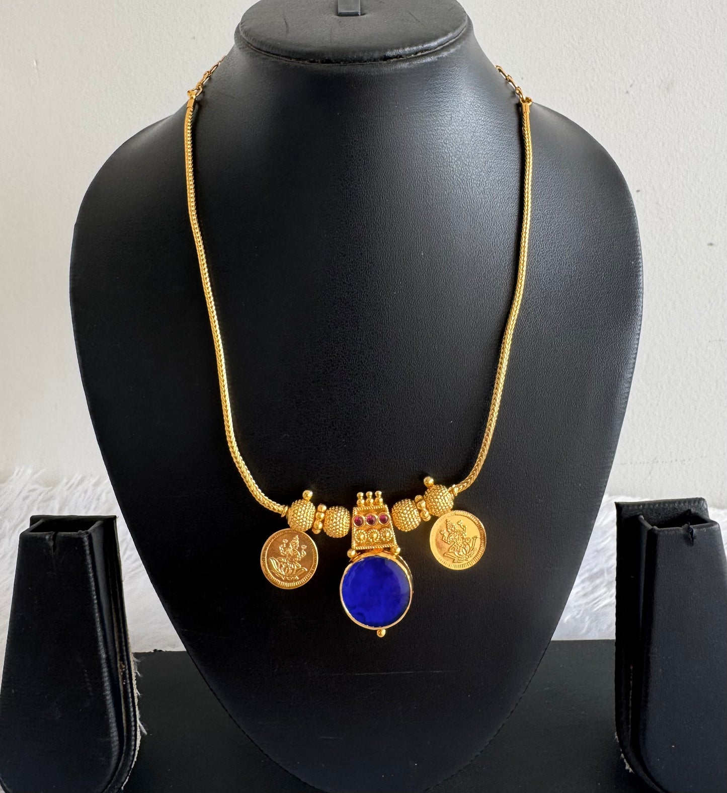 Gold tone pink-blue kerala style round kodi Lakshmi coin necklace dj-51705