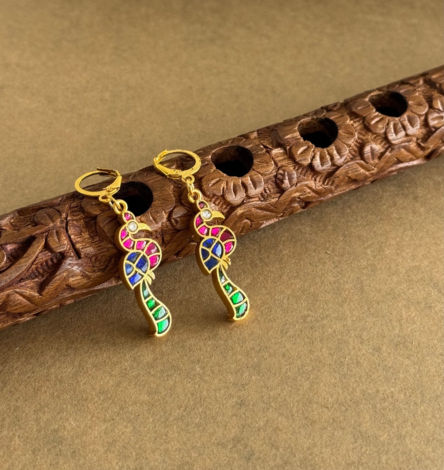 Gold tone multicolor kundan jadau peacock hook earrings dj-51528