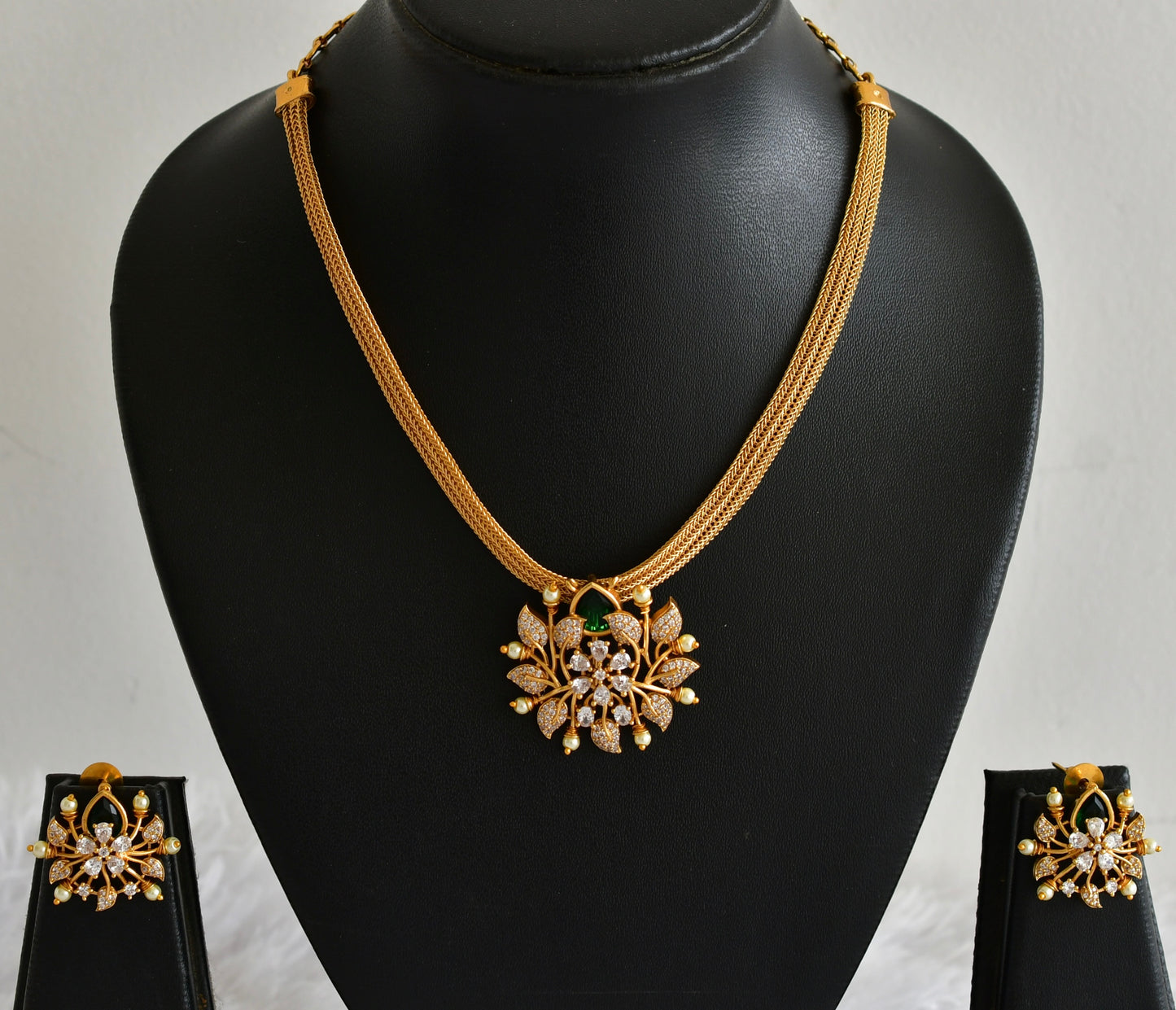 Matte finish cz green pearl pendant necklace set dj-51830