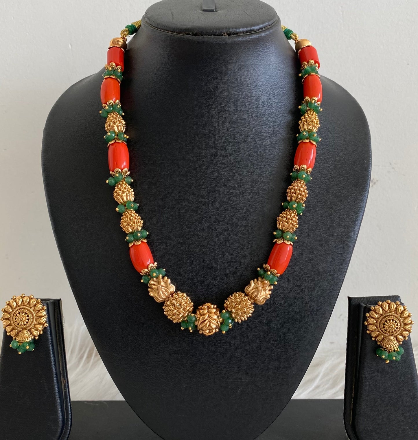 Antique gold tone flower coral-green nakshi beaded necklace set dj-54698