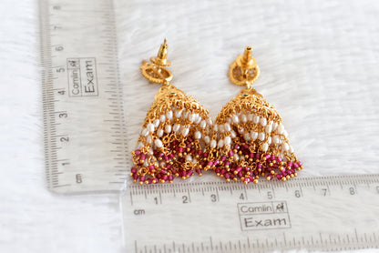 Antique gold tone ruby-green beaded peacock jhumkka dj-52162