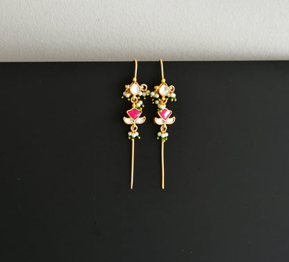 Gold tone pink-green-white kundan jadau flower bugadi needle earrings dj-52455