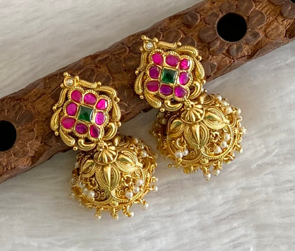 Gold tone pink-green stone pearl  kundan jadau jhumkka dj-53589