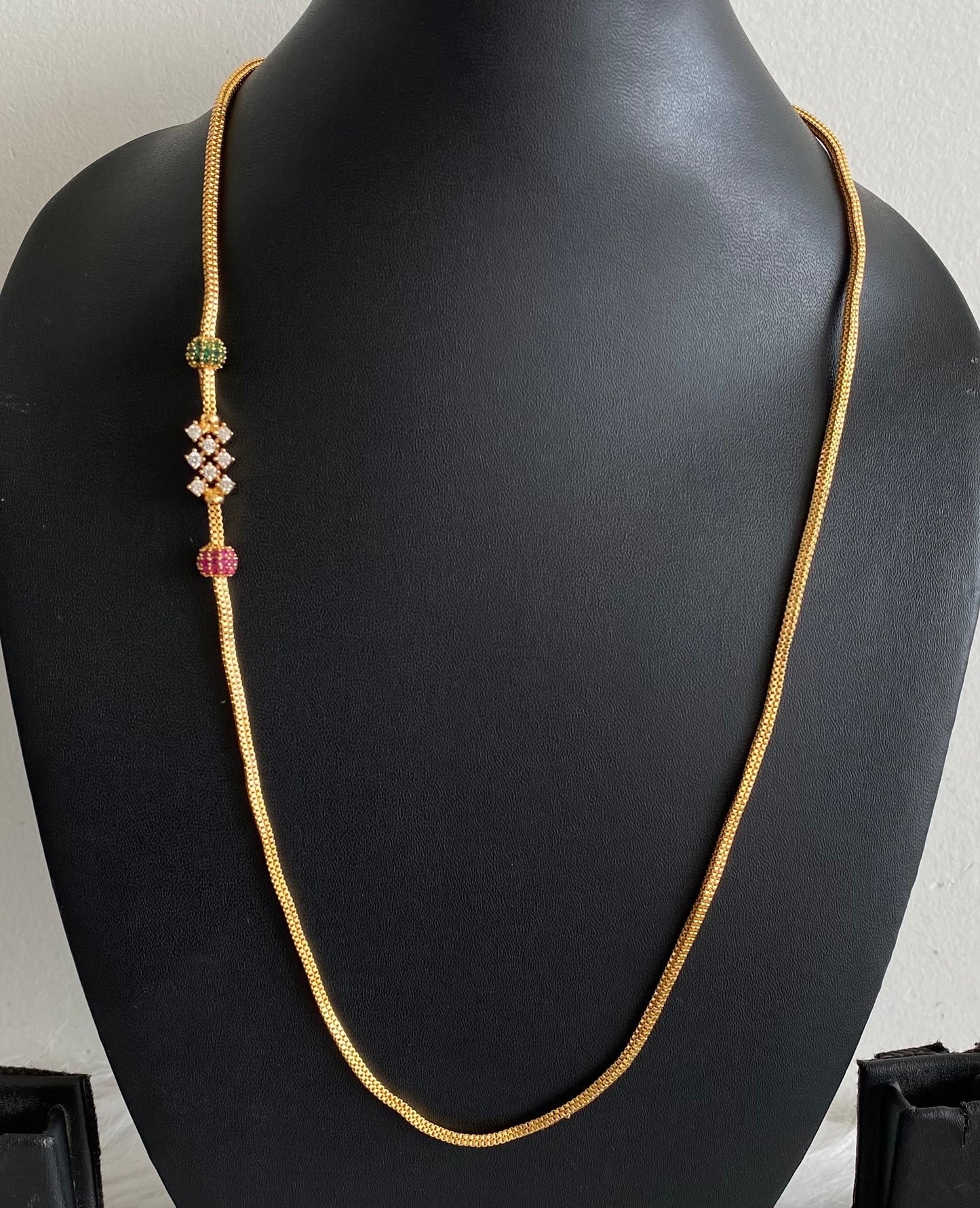 Gold tone ruby-green-white stone mugappu chain dj-54119