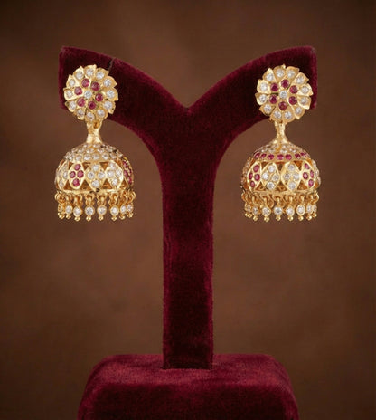 Gold tone south indian style AD pink-white jhumkka dj-50498