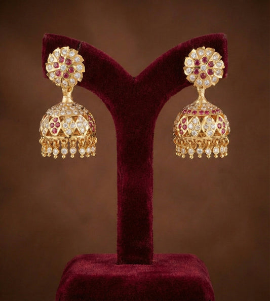 Gold tone south indian style AD pink-white jhumkka dj-50498
