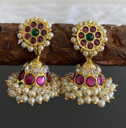 Gold tone precious kemp-green-white stone pearl jhumkka dj-53219
