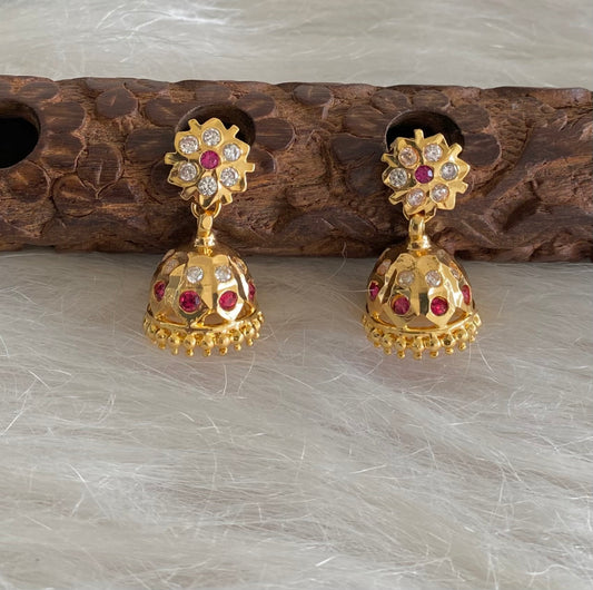 Gold tone AD pink-white flower small jhumkka dj-51892