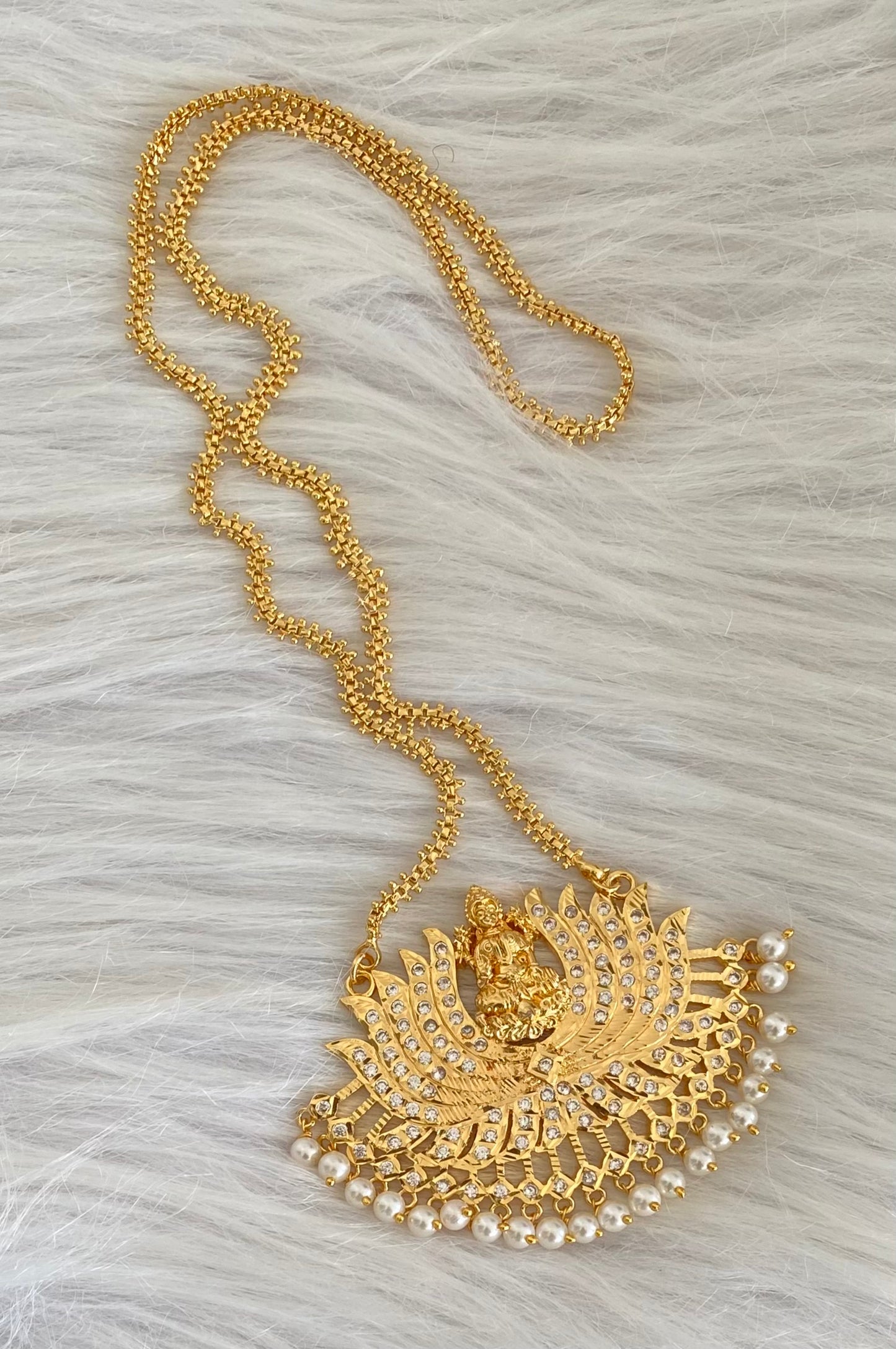 Gold tone white stone pearl lakshmi lotus chain with pendant dj-54114