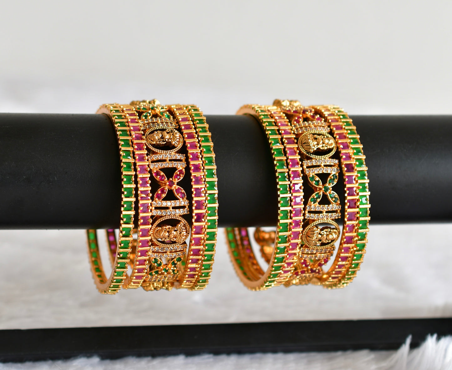 Antique gold tone cz ruby-white-green set of 10 lakshmi bangles(2.6) dj-51963
