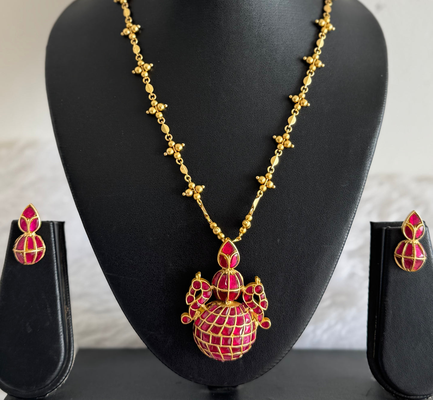 Matte finish pink kundan jadau peacock kalash necklace set dj-51538
