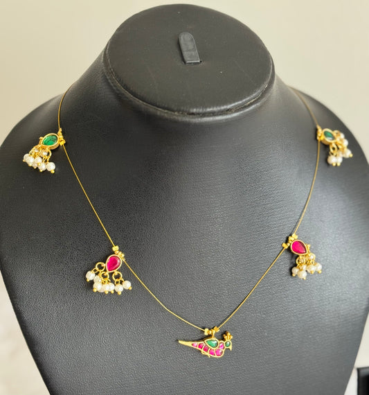 Gold tone pink-green kundan jadau bird invisible necklace dj-51547
