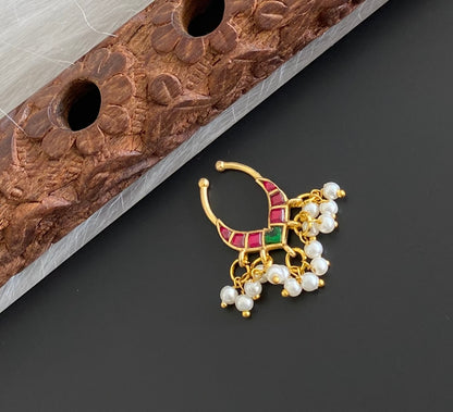 Gold tone kundan jadau pink-green stone pearl nose pin/bulakku dj-53792