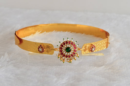 Gold tone pink-green-white kundan jadau round mango waist band dj-52170
