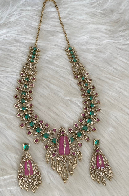 Antique gold cz white-pink peacock green stone haar set dj-54563
