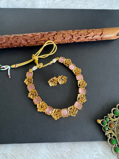 Antique gold flower baby pink block stone necklace set dj-52098
