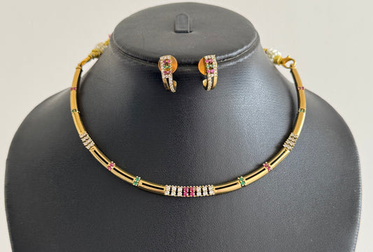 Antique gold tone cz ruby-green kanti necklace set dj-52079